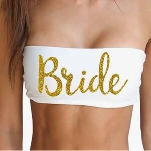 Bride strapless bandeau bikini top in white with gold script size large
